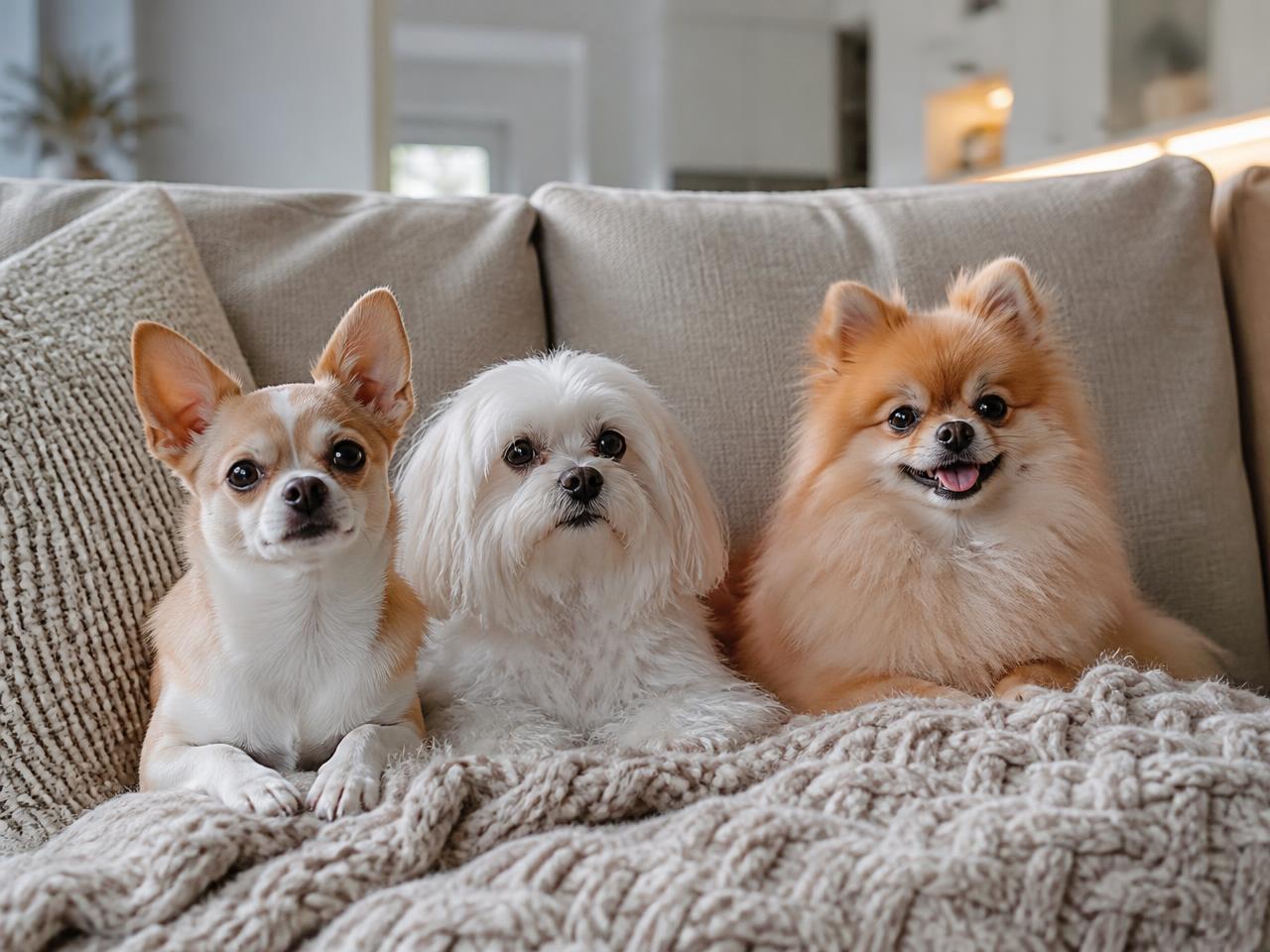 Chihuahua, Malteser und Zwergspitz liegen zusammen auf dem Sofa