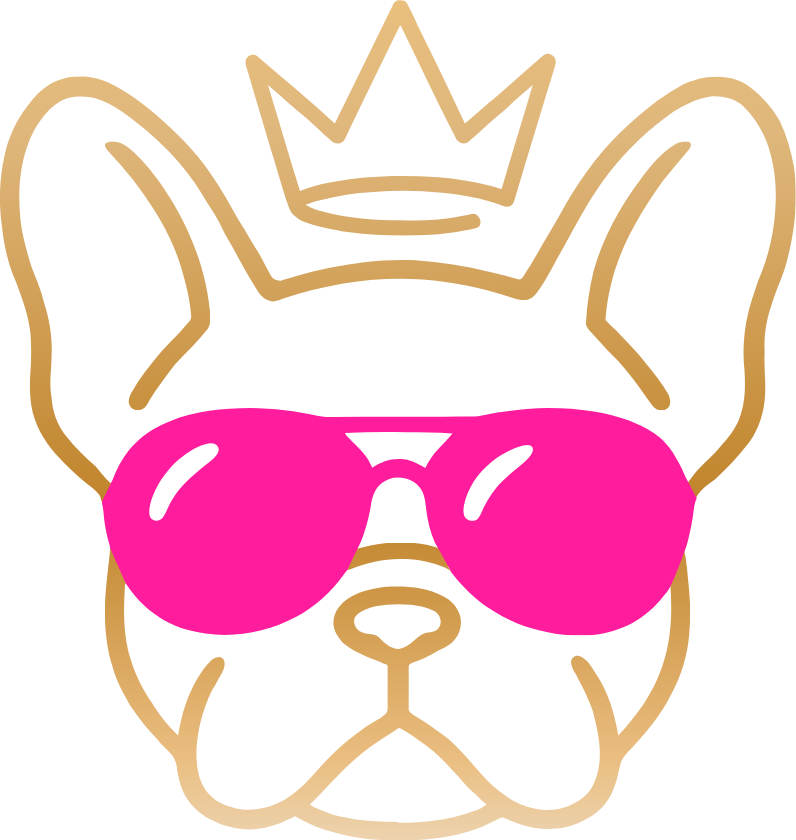 BINGO Bulldogge mit Goldkrone und pinker Sonnenbrille