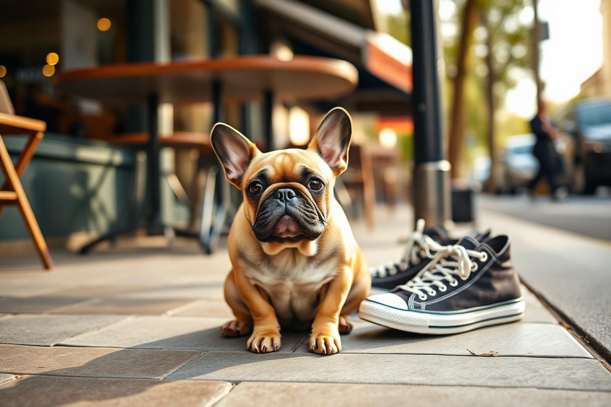 Kleine Französische Bulldogge sitzt auf dem Gehweg neben Sneakern