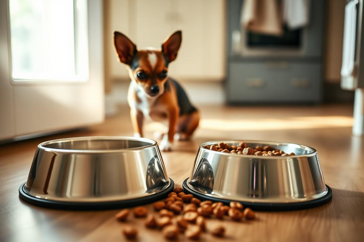 Zwei Näpfe auf dem Küchenboden, ein Chihuahua schaut zu